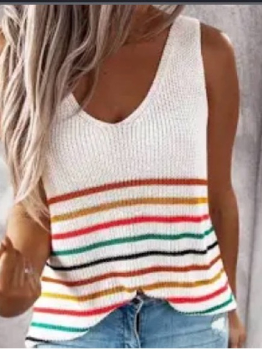 Women’s White Knit Stripe Tank Top - Casual Summer Knit NWOT